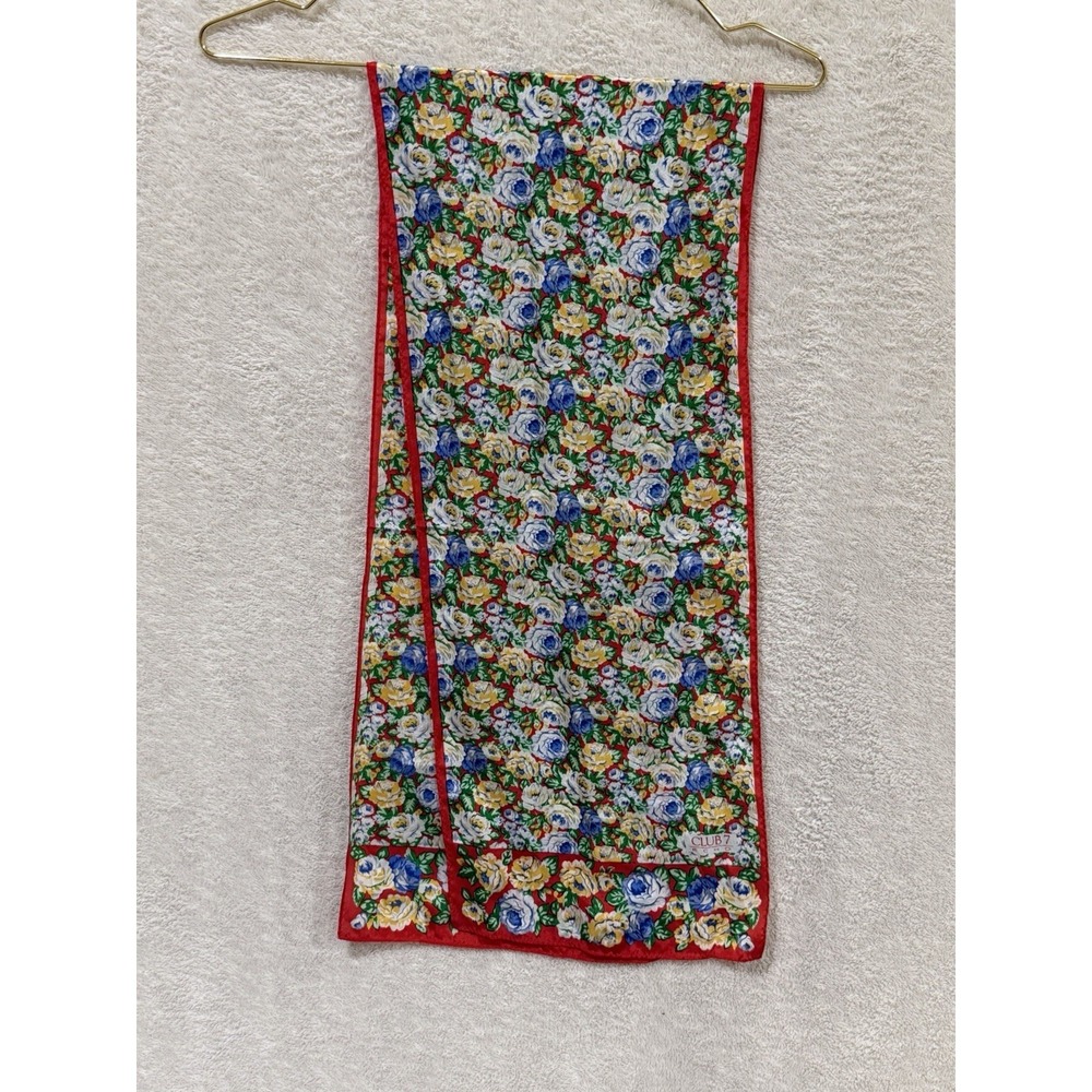 Club 7 Echo Silk Scarf‎ Floral Print Red Blue Yellow Made in Japan 52x10.5